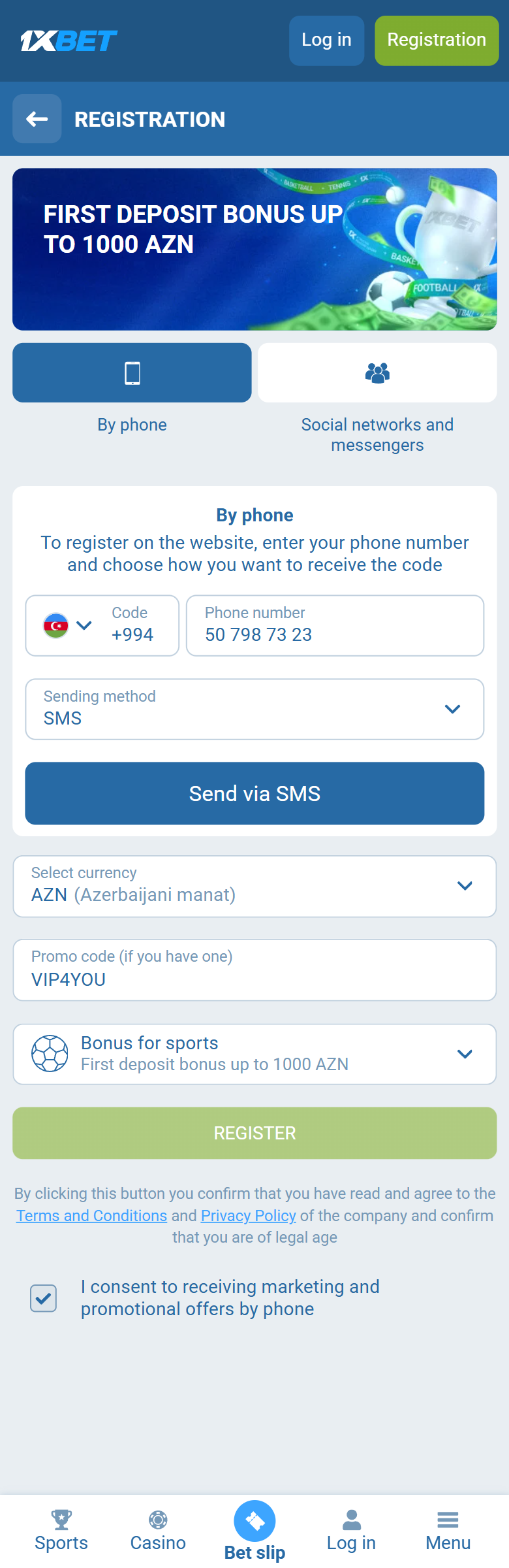 1xBet Azerbaijan registration — By phone +994, AZN, VIP4YOU in the promo box, first deposit bonus up to 1000 AZN, REGISTER