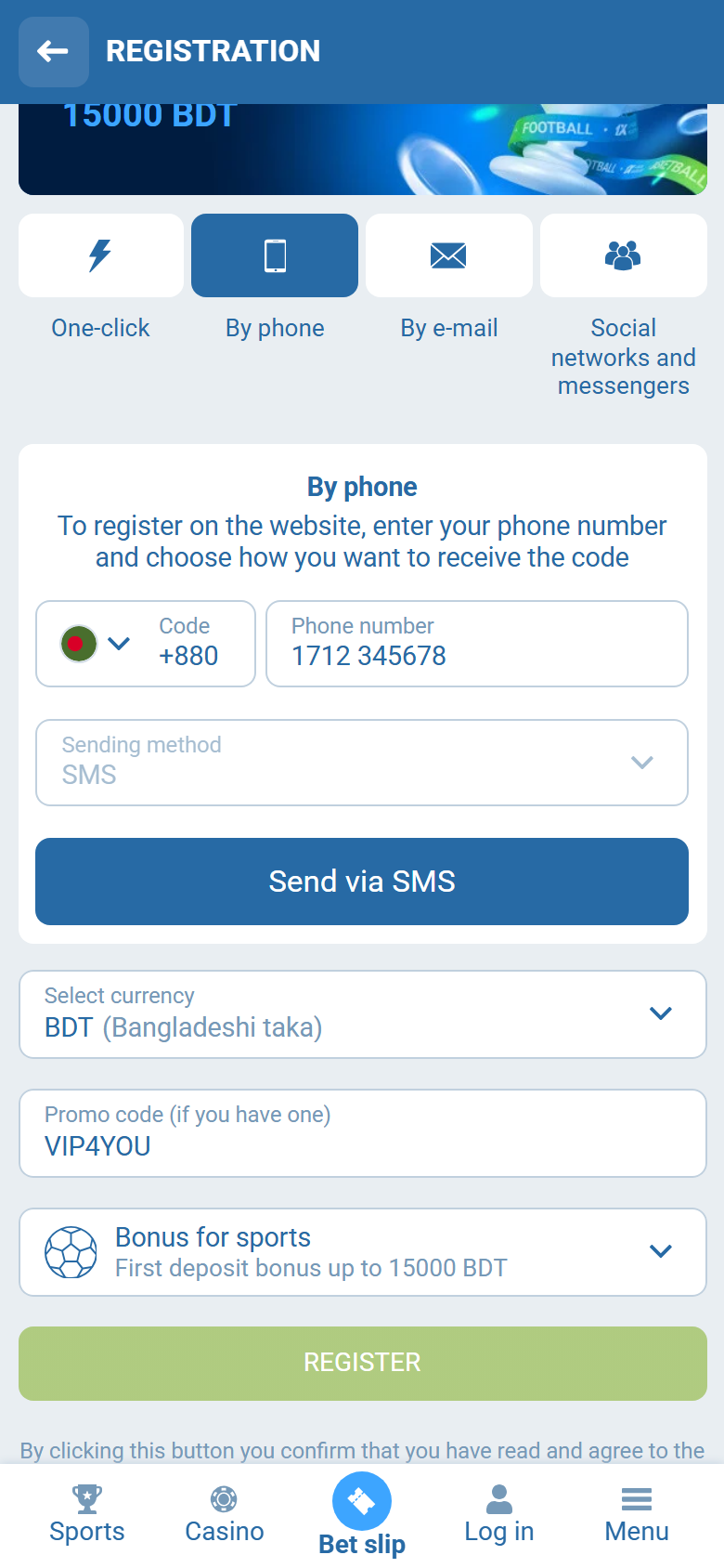 1xBet Bangladesh registration on bd.1xbet.com — By phone +880, BDT, VIP4YOU, first deposit bonus up to 15000 BDT, REGISTER