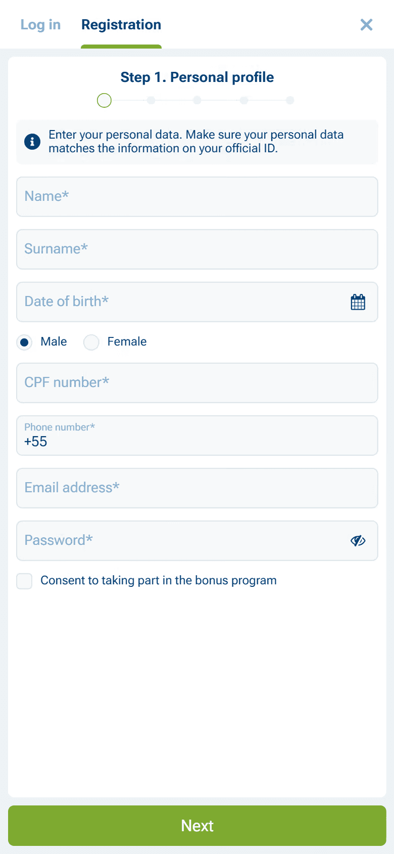 1xBet Brazil registration Step 1: Name, CPF, phone +55, email, password, Next — no promo-code field