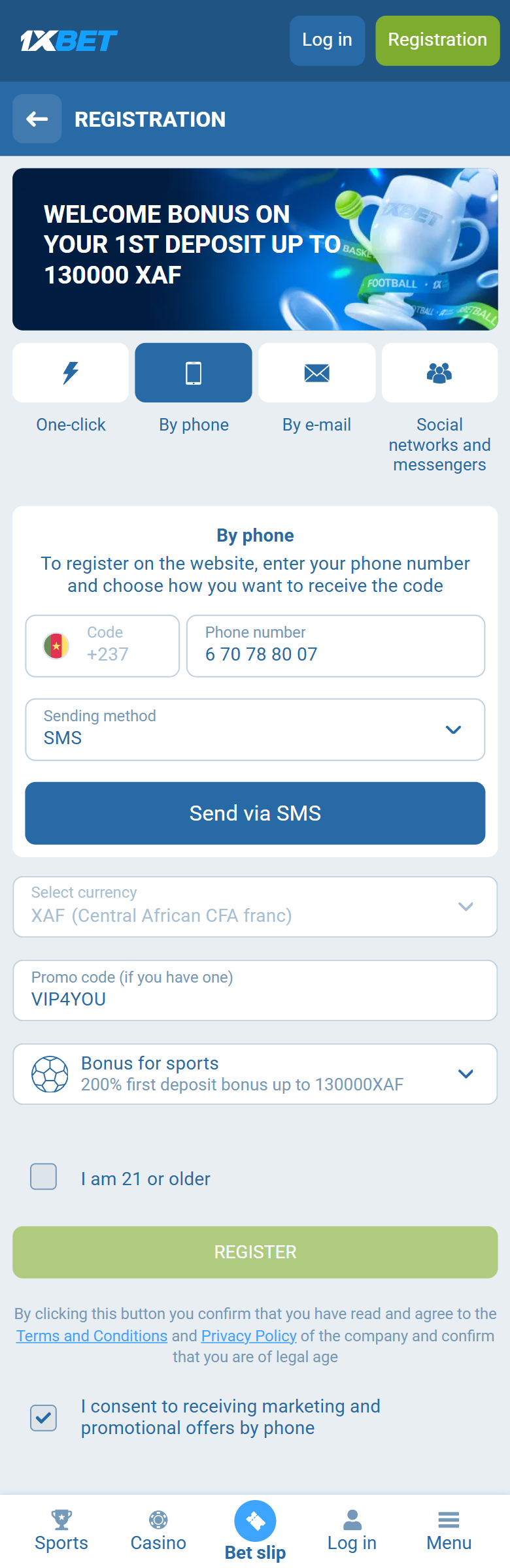 1xBet Cameroon registration on 1xbet.cm — By phone +237, XAF, VIP4YOU, 200% first deposit bonus up to 130000XAF, I am 21 or older, REGISTER