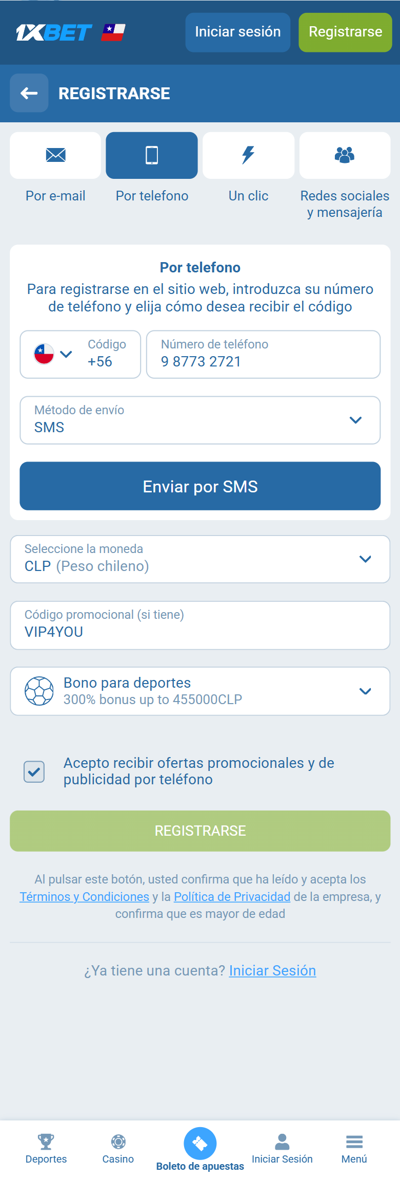1xBet promo code Chile VIP4YOU — Chile registration Por telefono +56 CLP 300% bonus up to 455000 CLP REGISTRARSE