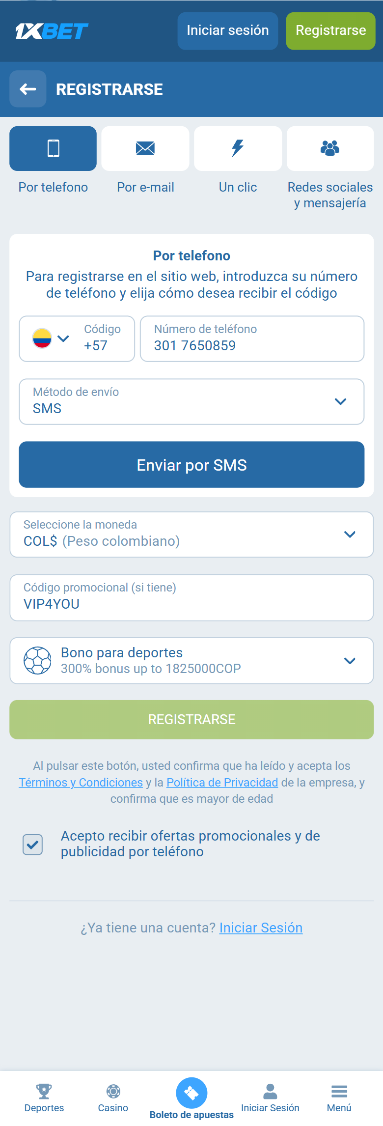 1xBet promo code Colombia VIP4YOU — Colombia registration Por telefono +57 COP 300% bonus up to 1825000 COP REGISTRARSE