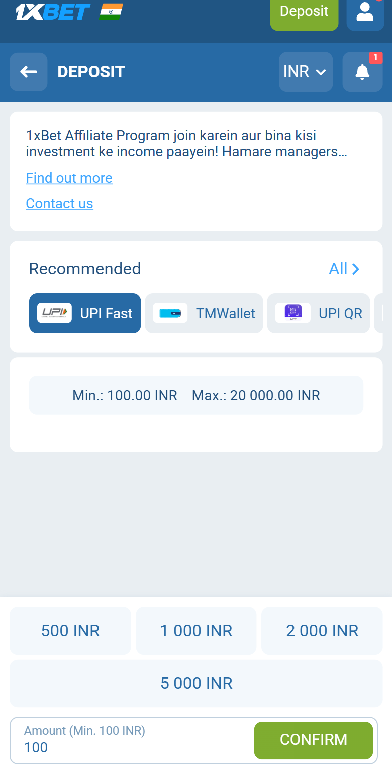 1xBet India UPI Fast first deposit form min 100 INR after how to register