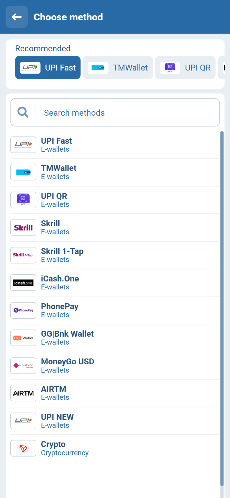 1xBet India deposit Choose method — UPI Fast TMWallet UPI QR PhonePay Skrill Crypto