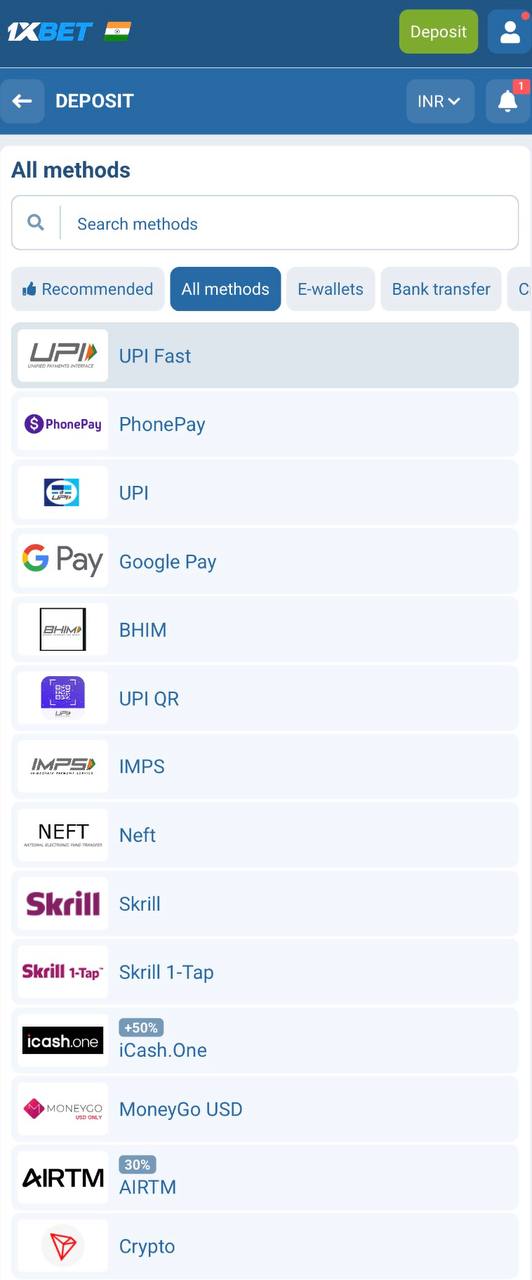 Real screenshot of the 1xBet India deposit page on mobile, showing the "All methods" tab with India-specific options: UPI Fast (selected), PhonePay, UPI, Google Pay, BHIM, UPI QR, IMPS, NEFT, Skrill, Skrill 1-Tap, iCash.One, MoneyGo USD, AIRTM (with +50% / +30% bonus tags) and Crypto.