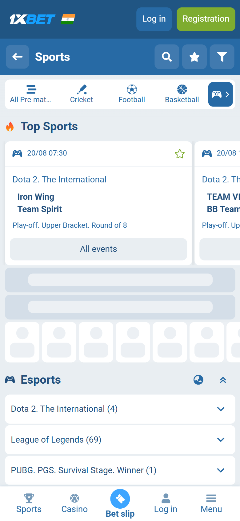 1xBet India esports tab showing Dota 2 The International Iron Wing vs Team Spirit, with LoL and PUBG also listed