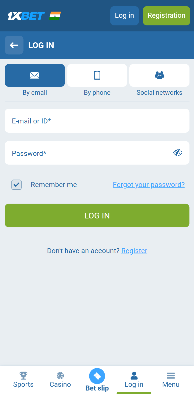 1xBet login India — By email E-mail or ID Password Remember me LOG IN Register