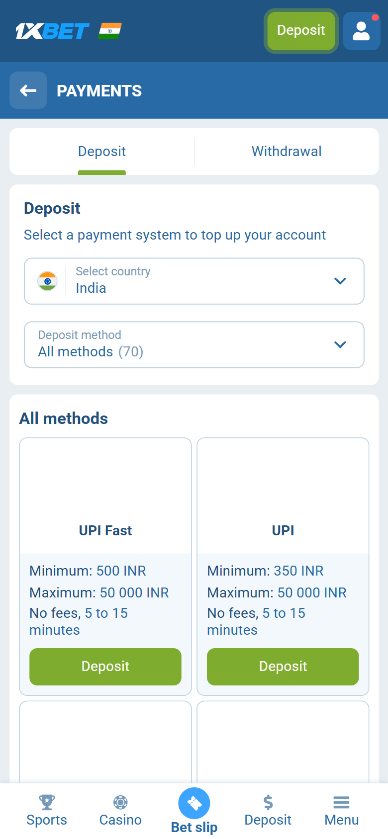 1xBet India deposit methods — pay only the merchant shown on your own deposit screen