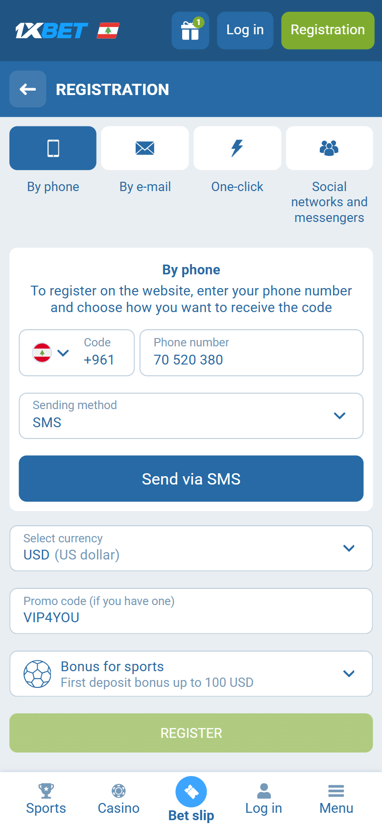 1xBet international registration — USD wallet and VIP4YOU in the promo box