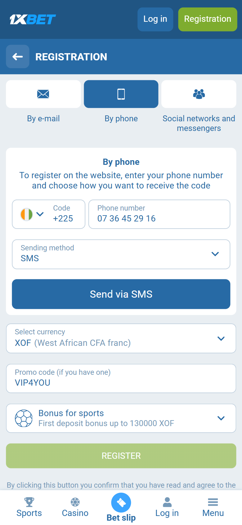 1xBet Ivory Coast registration on the Abidjan form — By phone, +225, XOF, VIP4YOU in the promo box, first deposit bonus up to 130000 XOF, REGISTER