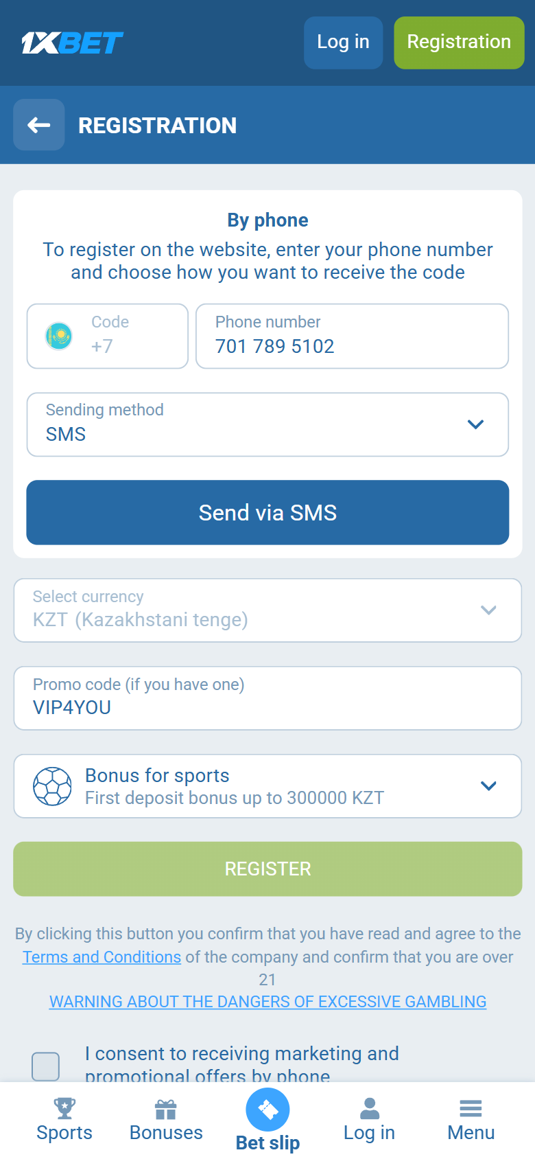 1xBet Kazakhstan registration on 1xbet.kz — By phone +7, KZT, VIP4YOU in the promo box, first deposit bonus up to 300000 KZT, REGISTER, over 21 1xBet Kazakhstan registration on 1xbet.kz — By phone +7, KZT, VIP4YOU in the promo box, first deposit bonus up to 300000 KZT, REGISTER, over 21