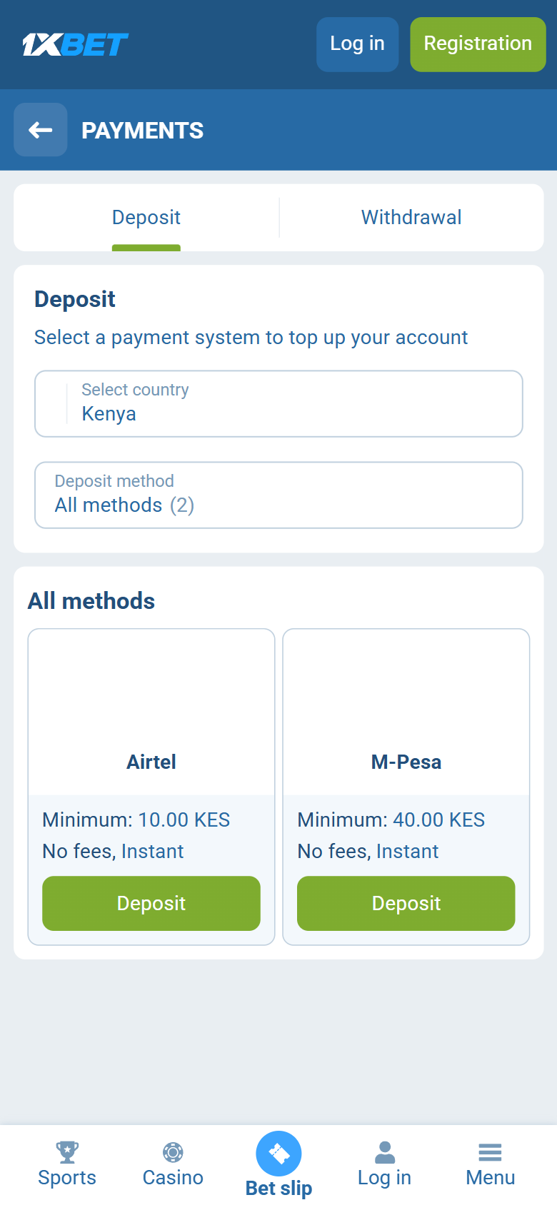 1xBet Kenya deposit — Airtel minimum 10 KES, M-Pesa minimum 40 KES