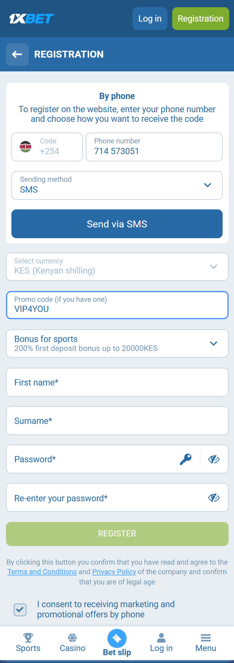 1xBet Kenya registration on 1xbet.co.ke — By phone +254, KES, VIP4YOU, 200% first deposit bonus up to 20000KES, REGISTER