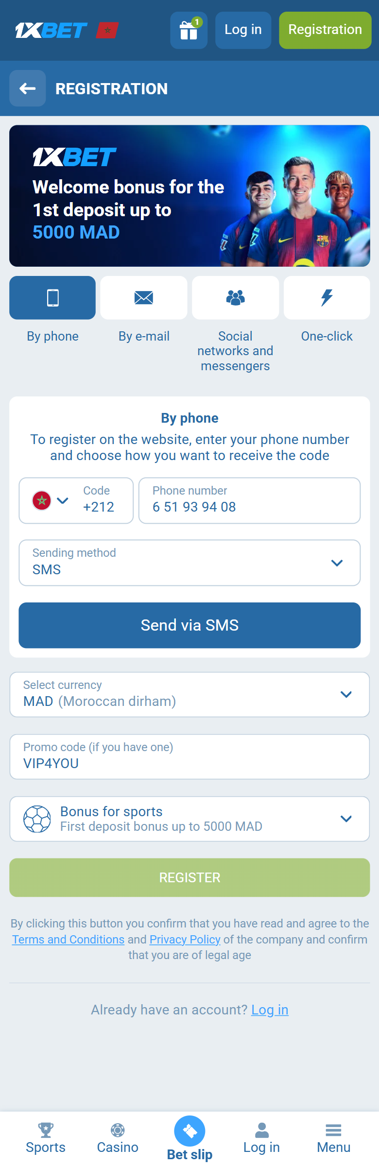 1xBet promo code Morocco VIP4YOU — Morocco registration By phone +212 MAD first deposit bonus up to 5000 MAD REGISTER