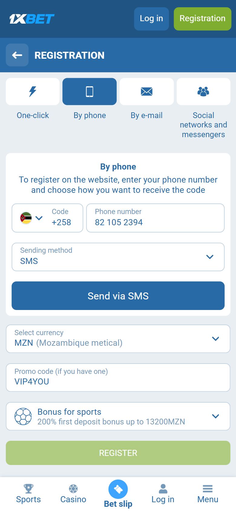 1xBet Mozambique registration on the Maputo form — By phone, +258, MZN, VIP4YOU in the promo box, 200% first deposit bonus up to 13200 MZN, REGISTER
