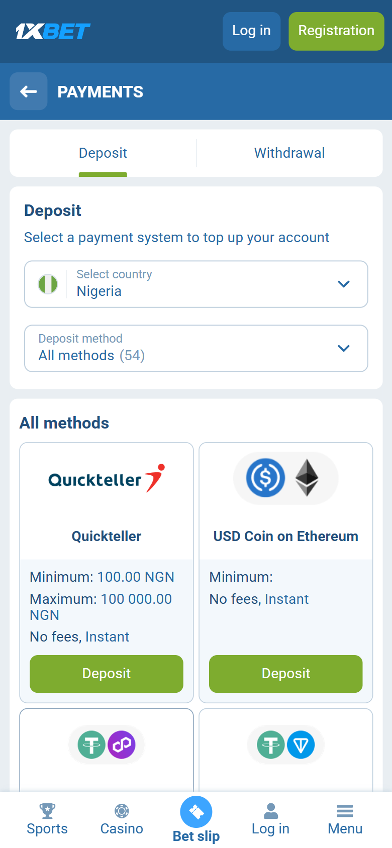 1xBet Nigeria deposit — country Nigeria, Quickteller from 100 NGN, instant, no fees