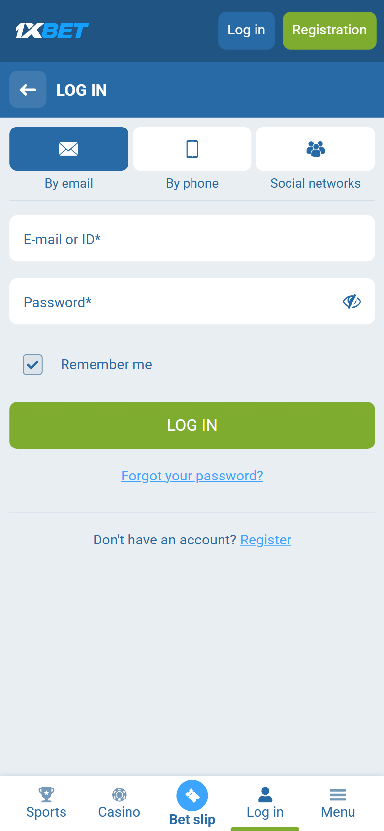 1xBet Nigeria login — email or ID and password. No promo-code field on an old account