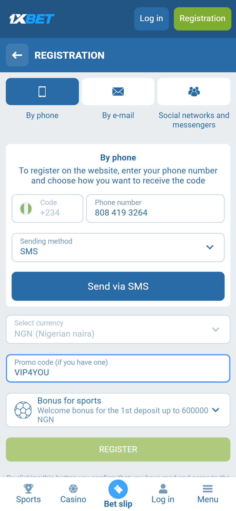 1xBet Nigeria registration on 1xbet.ng — By phone +234, NGN, VIP4YOU in the promo box, sports welcome up to 600000 NGN, REGISTER