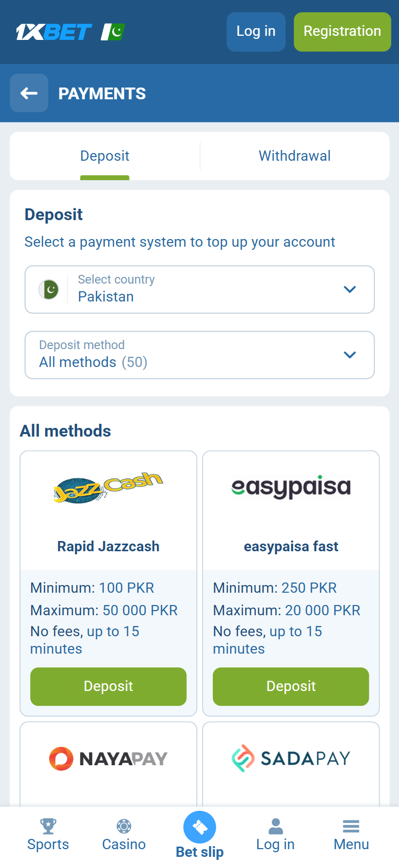 1xBet Pakistan deposit — JazzCash EasyPaisa NayaPay SadaPay Pakistan 100 PKR