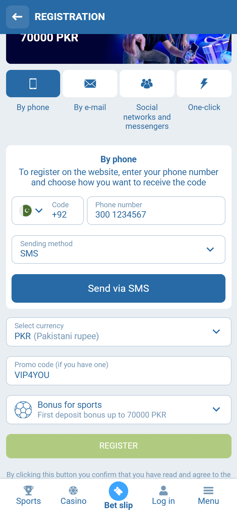 1xBet Pakistan registration on pk.1xbet.com — By phone +92, PKR, VIP4YOU, first deposit bonus up to 70000 PKR, REGISTER