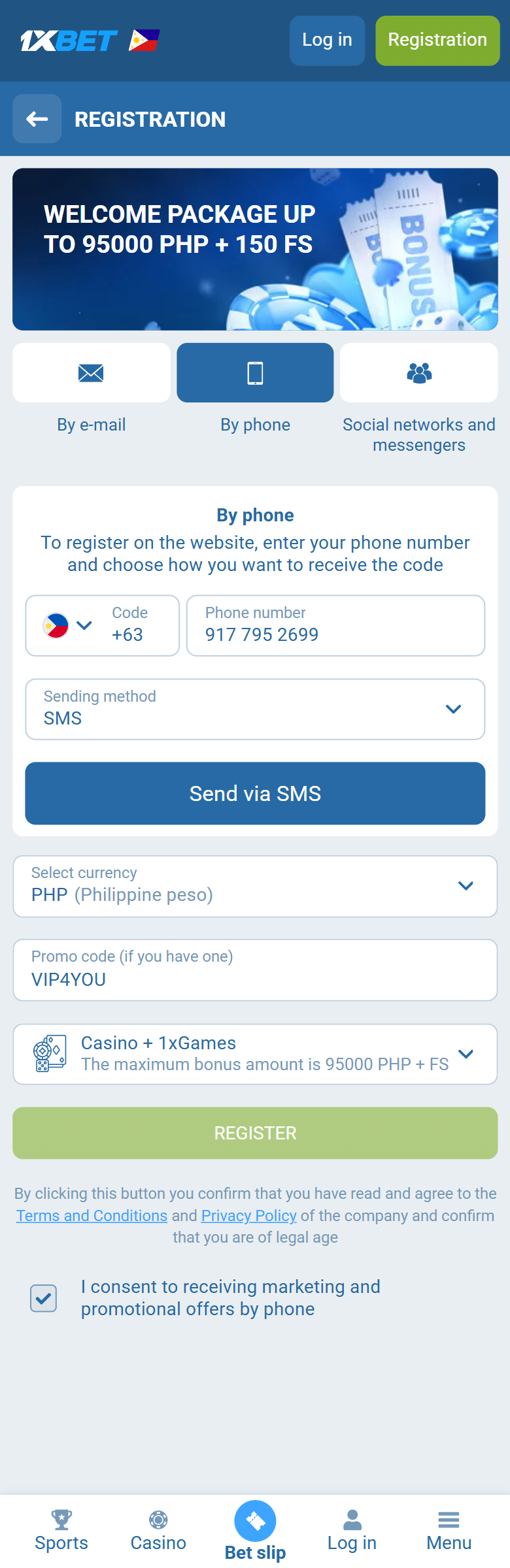 1xBet Philippines registration on the Manila form — By phone +63, PHP, VIP4YOU, Casino + 1xGames 95000 PHP + FS, REGISTER