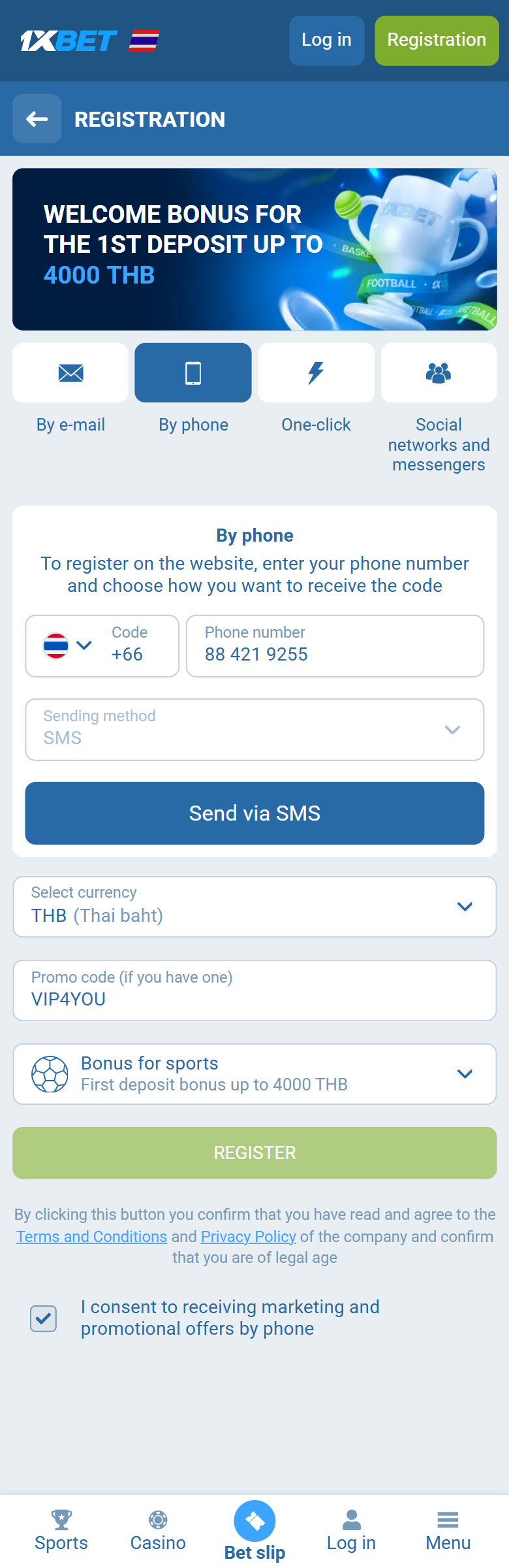1xBet Thailand registration on thai.1xbet.com — By phone +66, THB, VIP4YOU, first deposit bonus up to 4000 THB, REGISTER