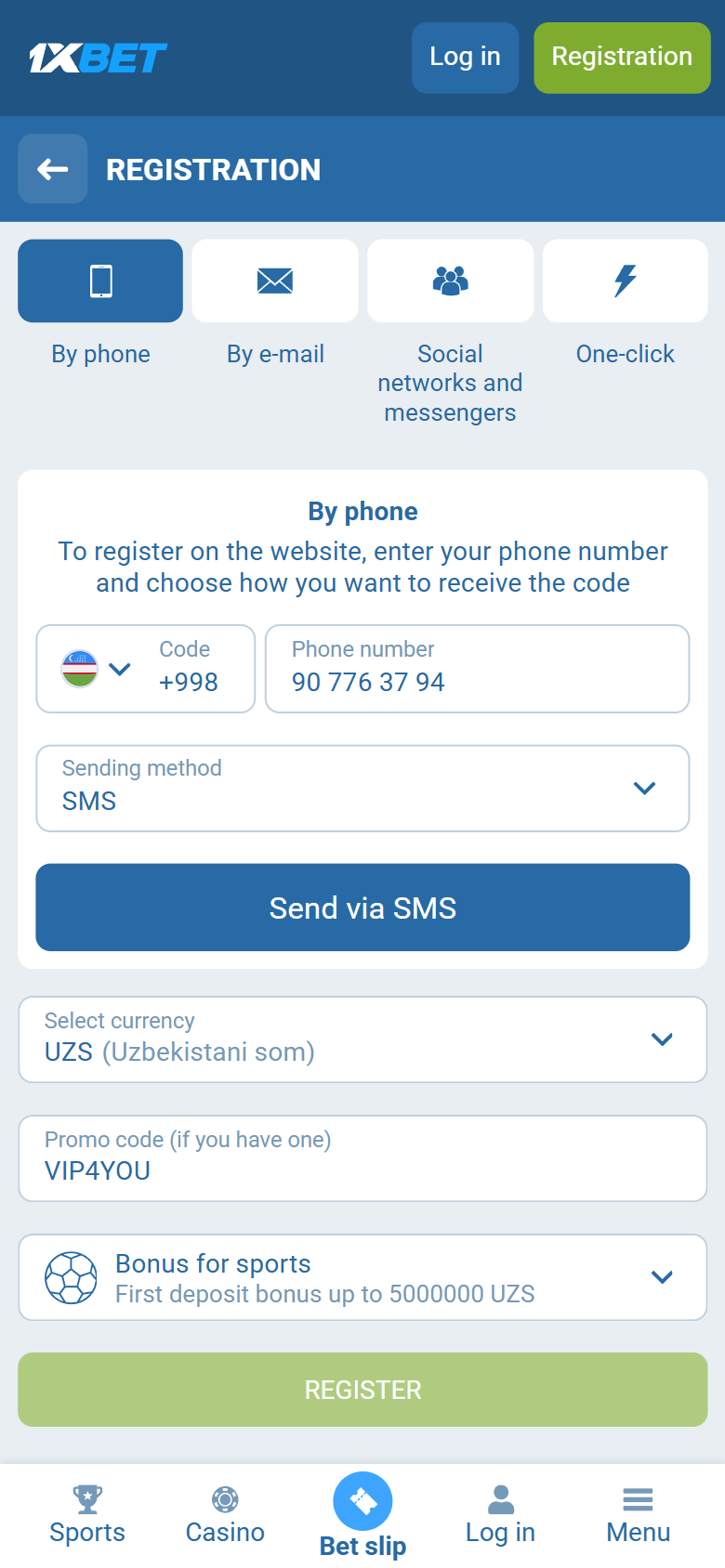 1xBet Uzbekistan registration — By phone +998, UZS, VIP4YOU, first deposit bonus up to 5000000 UZS, REGISTER