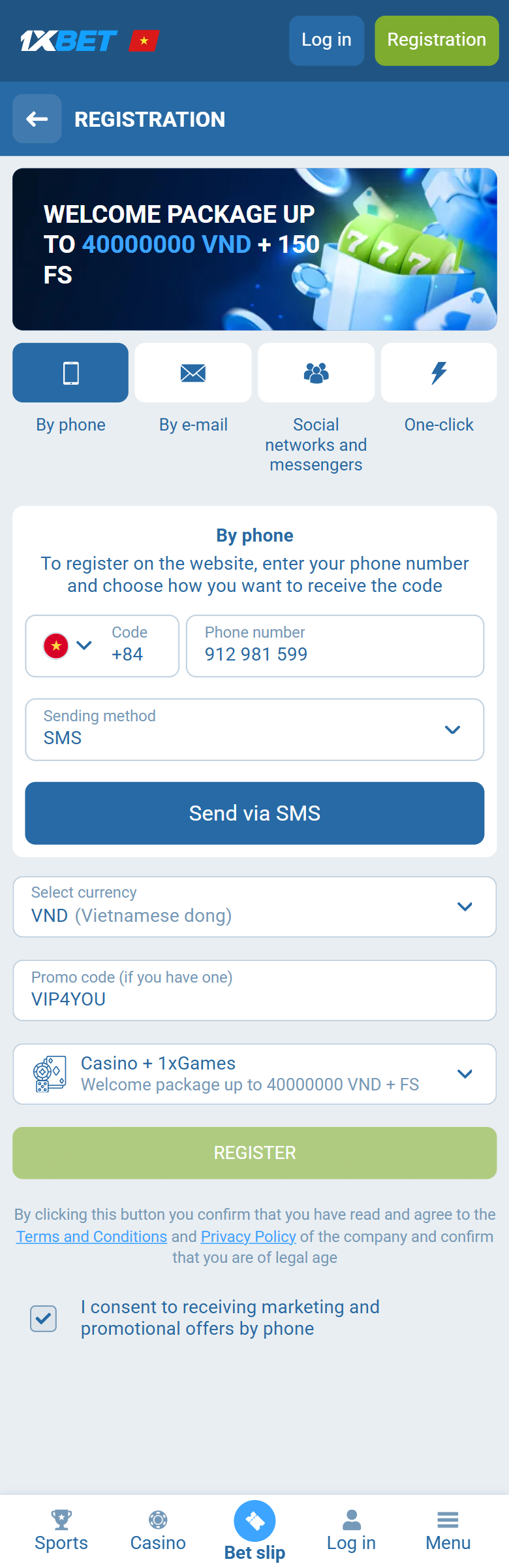 1xBet Vietnam registration on the Ho Chi Minh form — By phone +84, VND, VIP4YOU, Casino + 1xGames 40000000 VND + FS, REGISTER