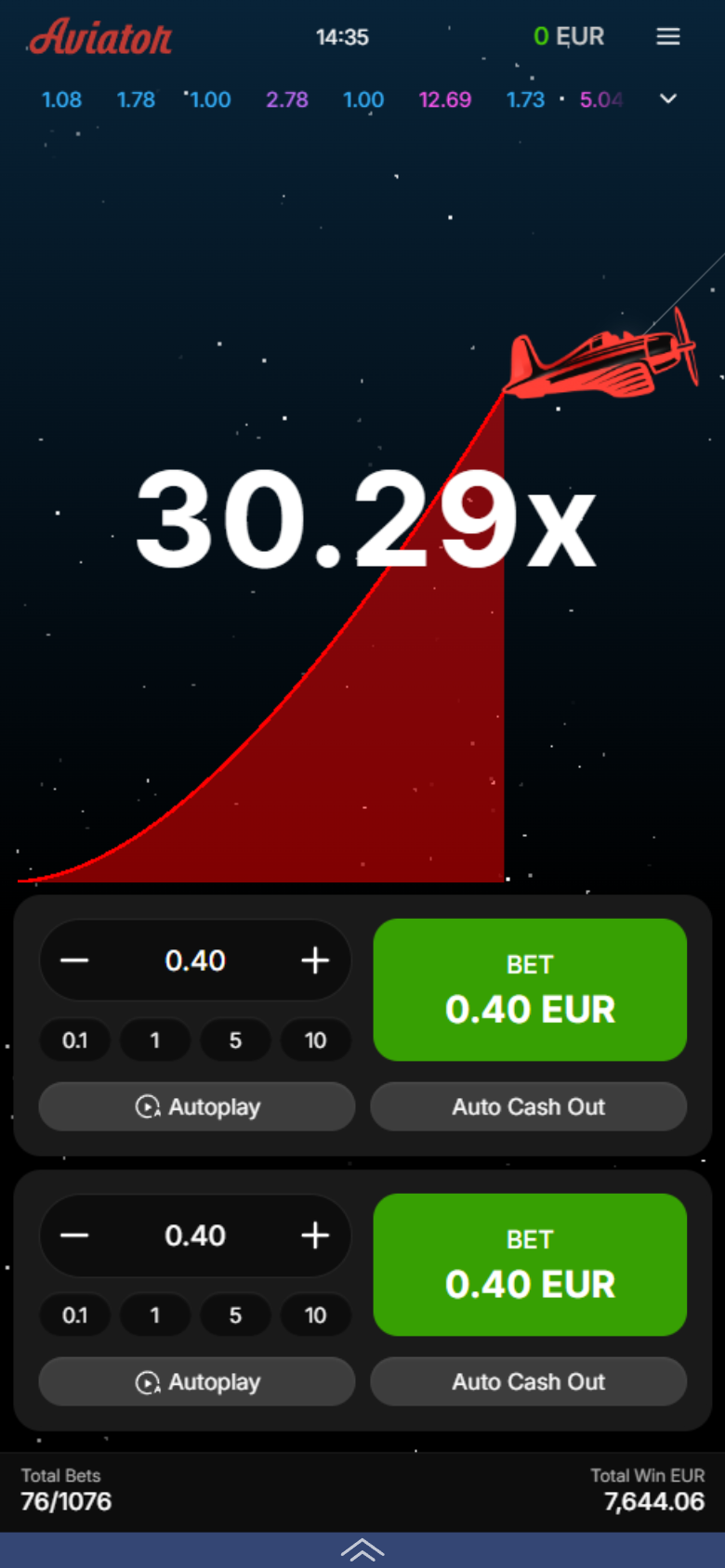 1xBet Aviator live round — multiplier 30.29x red plane cash-out curve BET Auto Cash Out