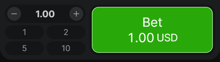 1xBet Aviator bet panel in the betting window: a stake box reading 1.00 with minus and plus buttons, quick-stake chips 1, 2, 5 and 10, and a large green button reading Bet 1.00 USD. 1xBet Aviator bet panel in the betting window: a stake box reading 1.00 with minus and plus buttons, quick-stake chips 1, 2, 5 and 10, and a large green button reading Bet 1.00 USD.