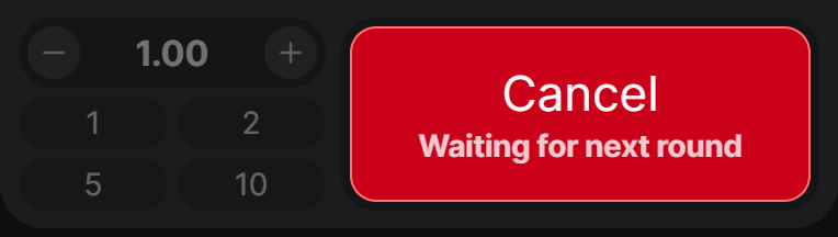 1xBet Aviator bet panel after the stake is placed: the large button is red, reads Cancel, and carries the line Waiting for next round.